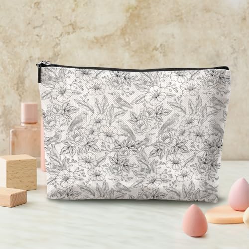 Boho Makeup Bag, Line Art Floral Bird Cosmetic Bag Makeup Organizer Pouch - color: SketchFlower