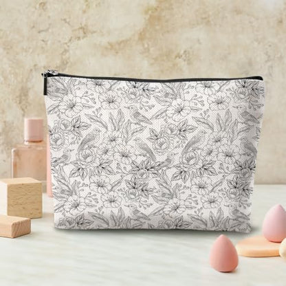 Boho Makeup Bag, Line Art Floral Bird Cosmetic Bag Makeup Organizer Pouch - color: SketchFlower