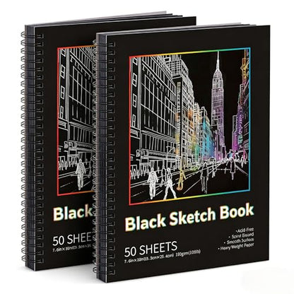 2 Pack Black Paper Sketchbook, 7.6 × 10 in, 50 Sheets, Spiral Bound - size: 7.6×10 Inch (2 Pack )