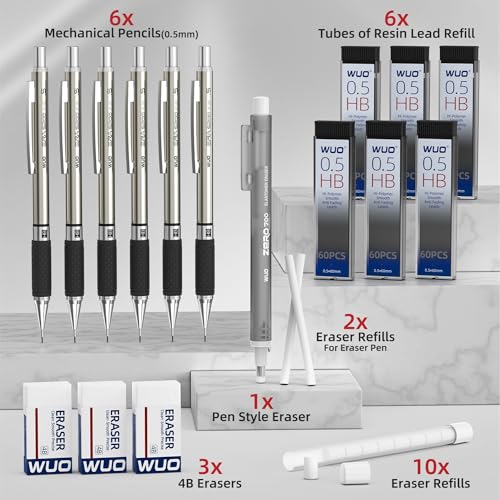 WUO 0.5 mm Mechanical Pencil Set with Eraser Pen Storage Case, 6 PCS - color: Black 4 - 0.5mm (6 Pack)