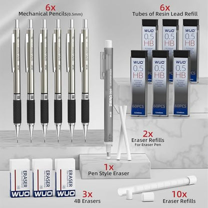 WUO 0.5 mm Mechanical Pencil Set with Eraser Pen Storage Case, 6 PCS - color: Black 4 - 0.5mm (6 Pack)
