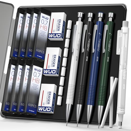 WUO 0.7 mm Mechanical Pencils with Eraser Pen Storage Case, 4 PCS - color: Multicolor2 - 0.7mm (4 Pack)