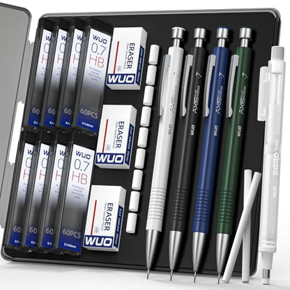 WUO 0.7 mm Mechanical Pencils with Eraser Pen Storage Case, 4 PCS - color: Multicolor2 - 0.7mm (4 Pack)