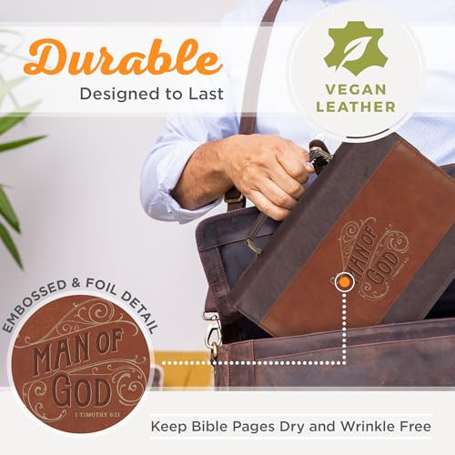 Christian Art Gifts Faux Leather Inspirational Bible Cover for Men: Man of God Encouraging Bible Verse, Heat-Debossed, Sturdy Pen Loops, Pockets, Easy Carry, Brown & Gold, Large - size: Large