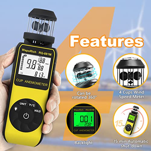 Wind Cup Anemometer 1.5-93MPH, Digital Wind Speed Meter RQ-881M
