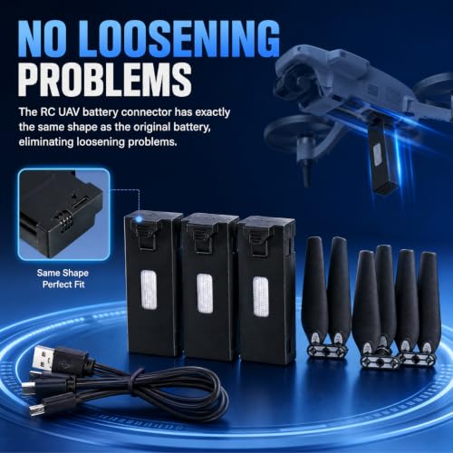 Drone Battery 3PCS 3.7V 1800mAh with 4Pcs Propeller Blades, Mini Propellers Accessories Drone Battery with Blades for E88 E88PRO E525 E99 E99PRO P1 K3 S1 RC UAV Battery Plug and Play