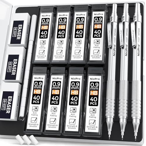 Nicpro 0.9 mm Metal Mechanical Pencil Set with Case - color: Silver, style: 0.9 MM