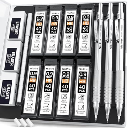 Nicpro 0.9 mm Metal Mechanical Pencil Set with Case - color: Silver, style: 0.9 MM