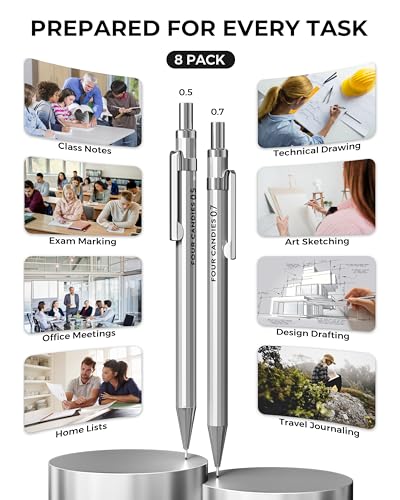 Metal Mechanical Pencil Set, 0.5/0.7mm, 8-Pack with Case, Two Sizes - style: 8PCS 0.5 +0.7 mm