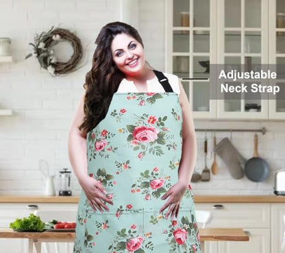 Plus Size Adjustable Bib Apron Water Resistant Canvas Extra Wide Long Ties Aprons with 2 Pockets Kitchen Cooking Gardening - color: Green Rose Pattern