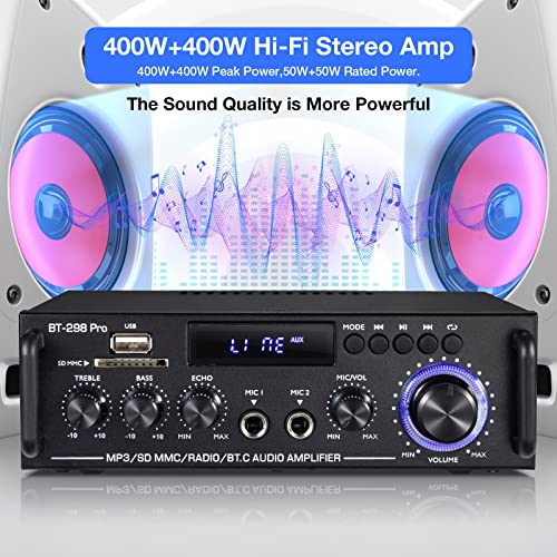 Facmogu BT-298 Pro Home Audio Amplifier, Bluetooth 5.0 800W Stereo Receiver - style: MAX 400Wx2