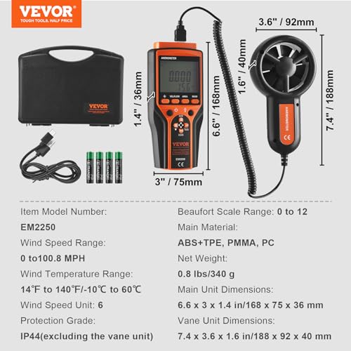 VEVOR Split Handheld Anemometer, 14-140, Digital Wind Speed CFM Meter Gauge with LED Backlight Screen, Measures Wind Velocity Temperature Air Flow, for Sailing Surfing Flying HVAC