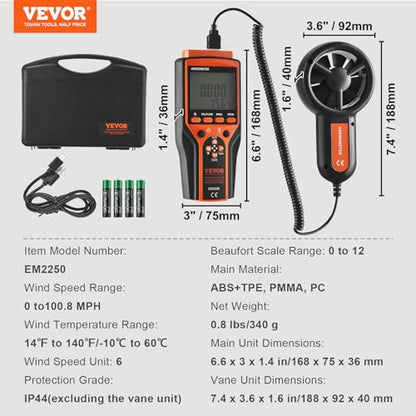 VEVOR Split Handheld Anemometer, 14-140, Digital Wind Speed CFM Meter Gauge with LED Backlight Screen, Measures Wind Velocity Temperature Air Flow, for Sailing Surfing Flying HVAC