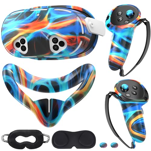 Compatible with Meta Quest 3s Accessories, Silicone Face Cover, VR Shell Cover,Touch Controller Grip Cover, Joysticks Cover, Camera Lens Protector Set (Colorful C)