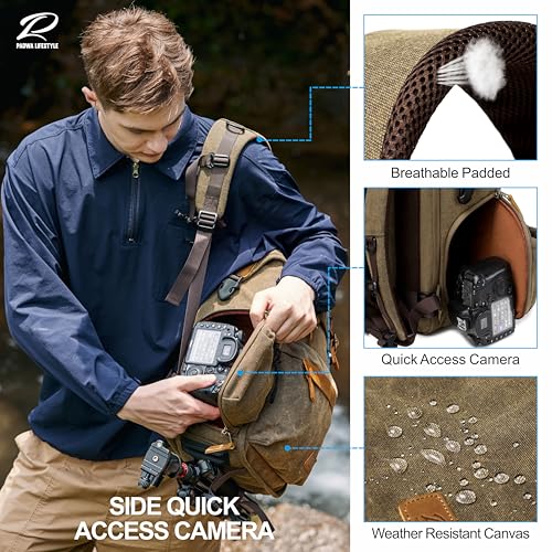 Padwa Lifestyle Khaki Camera Backpack - Professional DSLR & UAV Camera Bag,Anti Theft Canvas Camera Backpacks with Rain Cover,Large Capacity Photography Travel Camera Bag with Multi Compartments - color: Khaki Canvas, style: Canvas Bag Flap