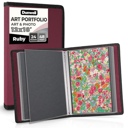 Dunwell 12x18 Art Portfolio Binder, 24-Sleeve, Black Mounting Paper, Ruby - color: Ruby, size: 12x18" w/ BLK Paper