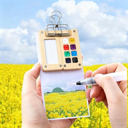 Mini Watercolor Travel Set with 8-Well Bamboo Palette and Sketchbook - color: Bamboo 8 Grids
