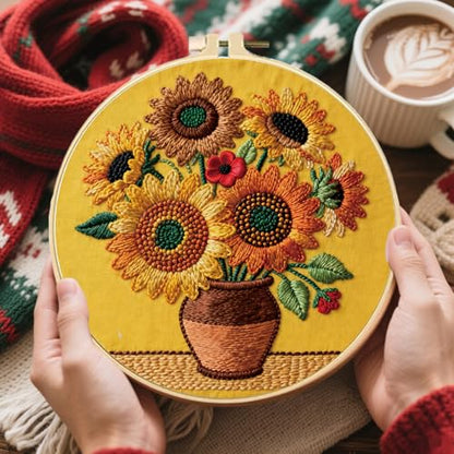 FREEBLOSS 5 Sets Embroidery Kit for Beginners Needlepoint Embroidery Starter Kit with Oil Painting Style Stamped Patterns, Instructions, Colored Threads, 2 Hoops 11.6"/29.5cm