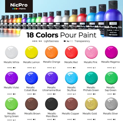 Nicpro 18 Colors 8.45oz Large Volume Metallic Acrylic Pour Paint Kit - color: 18 Colors