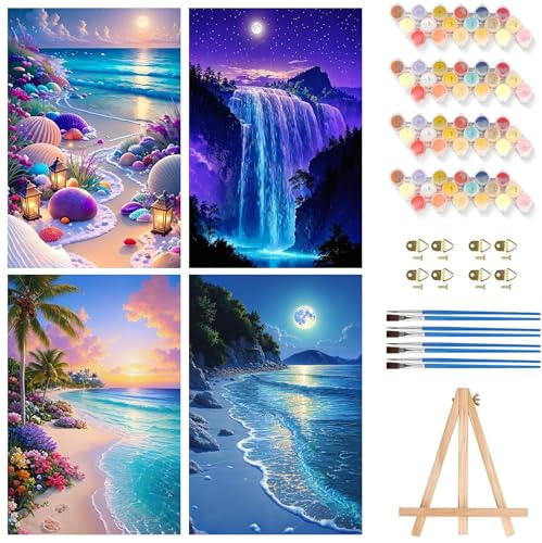 Axquilon 4 Packs Framed Paint by Numbers Kit with Easel 8x12in - color: Fraemd 4 Pack Landsacpe with Easel