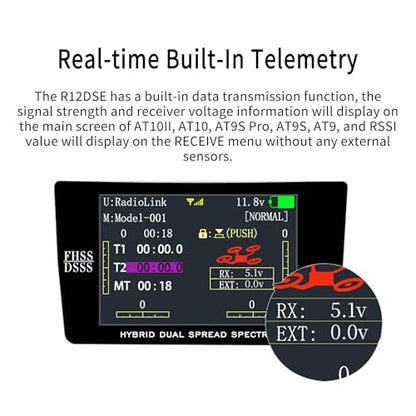 Radiolink R12DSE 2.4Ghz 12 Channels Micro RC Receiver SBUS/PPM Voltage Telemetry Long Range Control for FPV Racing Drone, Quadcopter, Helicopter