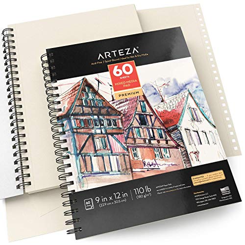 ARTEZA Mixed Media Pads, 9 x 12 in, Spiral, 2 Pack, 60 Sheets Each - size: 9"x12" (Pack of 2)