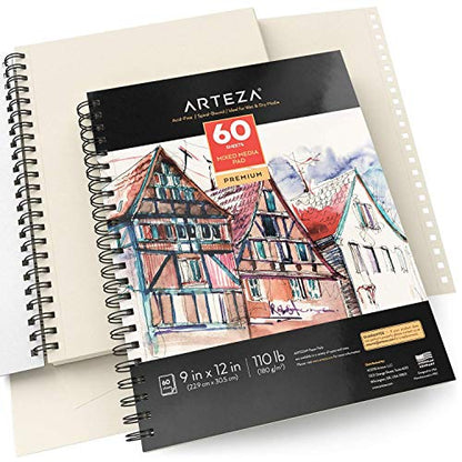 ARTEZA Mixed Media Pads, 9 x 12 in, Spiral, 2 Pack, 60 Sheets Each - size: 9"x12" (Pack of 2)