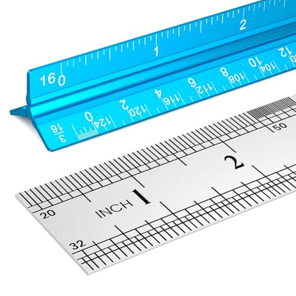2 Pcs Architectural Scale Ruler 12 Inch, Aluminum Architect Ruler & Metal Ruler Set, Imperial Engineer Scale for Blueprints, Drafting Ruler for Architects, Students, Draftsmen, and Engineers (Blue)