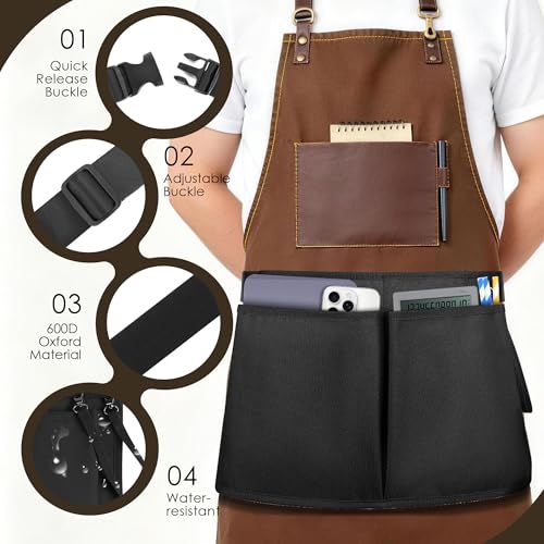 Likesing Server Apron, Serving Apron with Pockets for Waitress, Waiter Waist Tool Pouch Bag with 59'' Adjustable Belt - color: Black-large Size