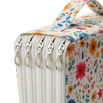 Canvas 250 Slots Pencil Case 5-Layer Zipped Holder w/Handle - color: Apricot Blossoms, size: 250