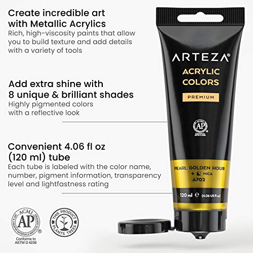 ARTEZA Metallic Acrylic Paint, 8 Jewel Colors, 4.06 oz Tubes For Painting - style: 8 x 120ml (4.06 fl oz) Jewel