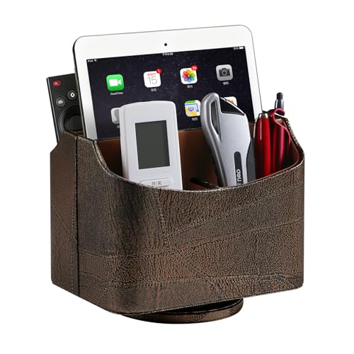 PU Leather Remote Control Holder, 360 Degree Rotating Desk Organizer Luxury Desktop Storage Rack, Rotating Bedside Storage Box for Desktop Office Living Room Bedroom (Brown Vintage) - color: Brown Vintage