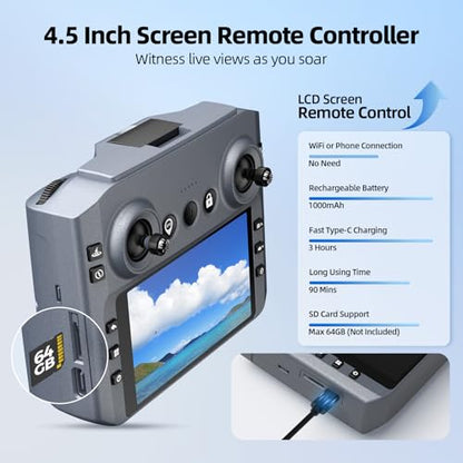 GPS Drone with Camera for Adults, 2K FPV Drone with 4.5" Screen Remote Controller, Brushless Motor, Auto Return, Follow Me, Tap Fly & Circle Fly, Long Flight Time Foldable Quadcopter for Beginners