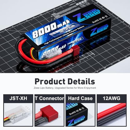 Zeee 2S Lipo Battery 8000mAh 7.4V 100C with T Plug Hard Case RC Battery
