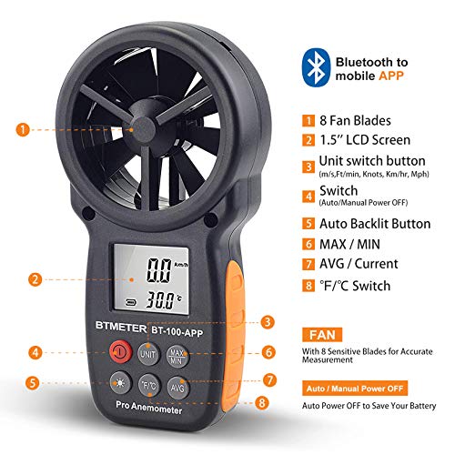 BTMETER BT-100APP Anemometer w/Wireless Bluetooth, Digital Handheld Wind Speed Meter for Wind Chill, Air Velocity, Temperature, Vane Anemometer Gauge - color: BT-100APP Anemometer