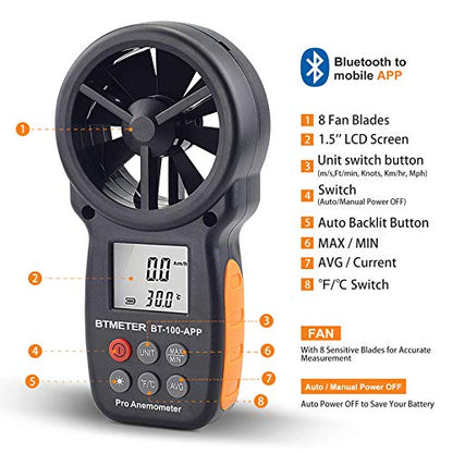 BTMETER BT-100APP Anemometer w/Wireless Bluetooth, Digital Handheld Wind Speed Meter for Wind Chill, Air Velocity, Temperature, Vane Anemometer Gauge - color: BT-100APP Anemometer