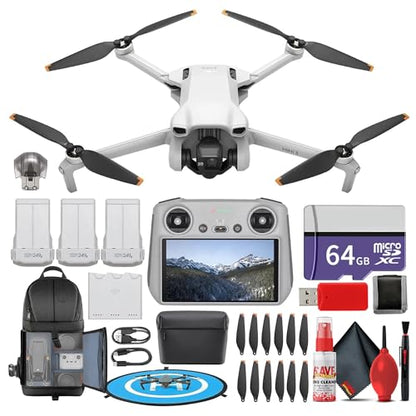 DJI Mini 3 with DJI RC Remote (Fly More Combo) (CP.MA.00000613.01) Lightweight Foldable 4K Camera Quadcopter Bundle + 64GB Card + BackPack + Landing Pad + Card Reader + More - style: Mini 3 Fly More Combo