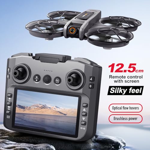 RC Drone With Screen On Controller (4.92in), UHD Dual Camera, Brushless Motor, Optical Flow Hovering, 360° Propeller Guard, 6-Axis Gyro, Headless Mode, One-Key Takeoff/Landing, 3-Speed Adjustable, 50X Zoom, Gesture Control, Trajectory Flight, Night LED, 2