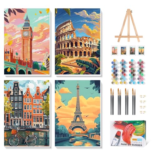 Camocin 4 Pack Framed Paint by Numbers Kit for Adults with Wooden Easel - color: LBOP4PF02