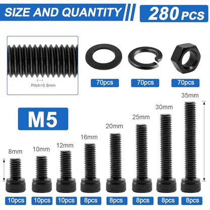 280Pcs UIETUIL M5 Hex Socket Head Cap Screws Kit, M5x8-35mm, 12.9 - size: M5 Cap 12.9 - 280PCS
