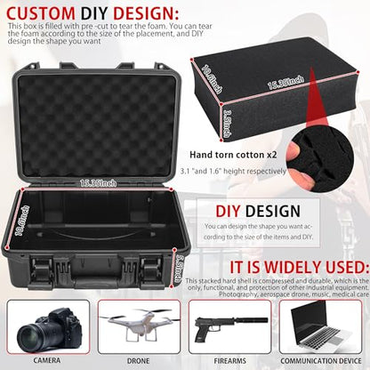 Hard Case with IP67 Waterproof Shockproof Tool Box for Microphone, Drones, Camera, Equipments, Portable Storage Case, 16.5 x13 x 7 Inch