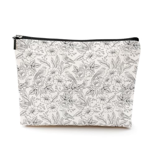Boho Makeup Bag, Line Art Floral Bird Cosmetic Bag Makeup Organizer Pouch - color: SketchFlower
