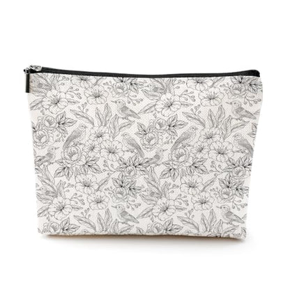 Boho Makeup Bag, Line Art Floral Bird Cosmetic Bag Makeup Organizer Pouch - color: SketchFlower