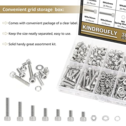 382 Pieces M4 x 5/6 /8/10 /12/16 /20mm Hex Socket Head Cap Screws Nuts Washers Assortment Kit, 304 Stainless Steel, Fully Machine Thread - size: M4, style: Socket Head