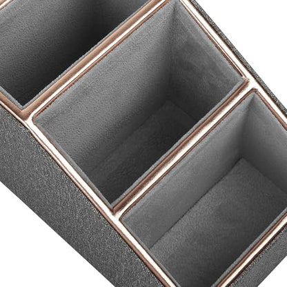 Rose Gold Edge Inlaid Leather Desktop Organizer, Remote Control Holder,Nightstand Remote Caddy, Multi-Functional Storage Box for Cellphone,Pens, Makeup Brushes, Lipsticks & Small Cosmetics (Grey) - color: Grey