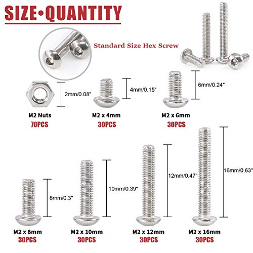 Hilitchi 250-Piece [M2] Stainless Steel Hex Socket Button Head Cap Bolts Screws Nuts Assortment Kit (M2) - color: M2