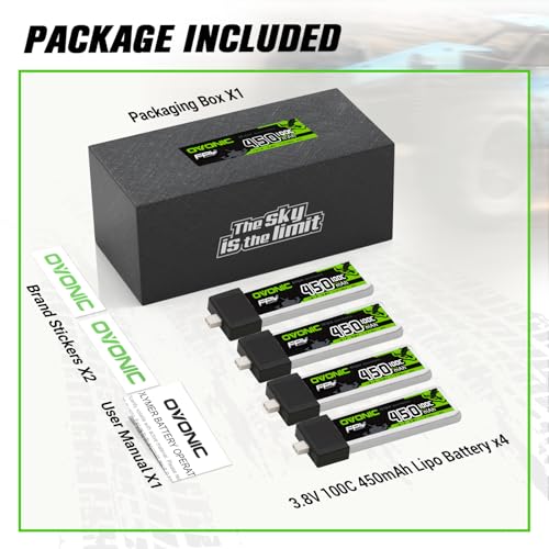OVONIC 1S LiPo Battery 450mAh 100C HV 3.8V with BT2.0 Connector for FPV Tiny Whoop (4pcs)
