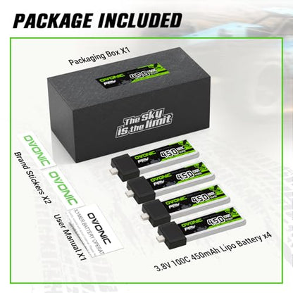 OVONIC 1S LiPo Battery 450mAh 100C HV 3.8V with BT2.0 Connector for FPV Tiny Whoop (4pcs)