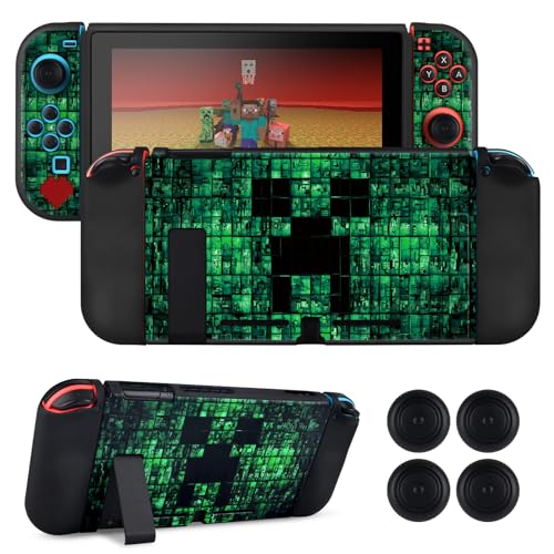 DLseego My World MC Protective Case for Switch New Model, Dockable Soft Shell Cute Cover Case for Joycon Controller with 4PCS Thumb Grips Caps - Green Switch - color: Green Switch