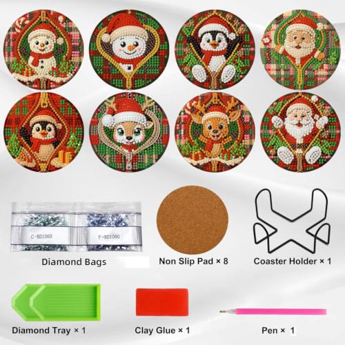 Ekuxom 8 Pcs Christmas Diamond Art Coasters Kit for Adults with Holder - color: Christmas